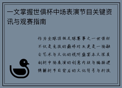 一文掌握世俱杯中场表演节目关键资讯与观赛指南