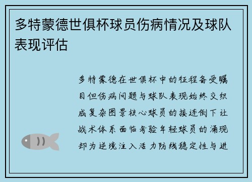 多特蒙德世俱杯球员伤病情况及球队表现评估