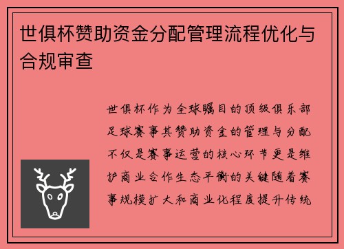 世俱杯赞助资金分配管理流程优化与合规审查